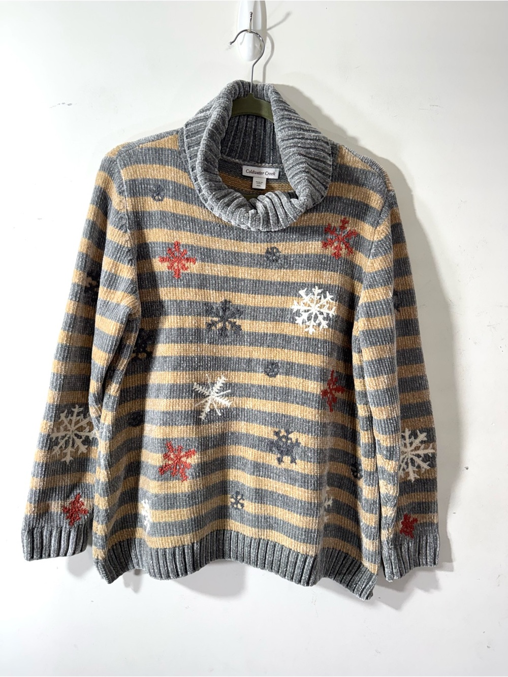 Coldwater Creek Chenille Turtleneck Sweater Gray Tan XLP Embroidered snowflakes